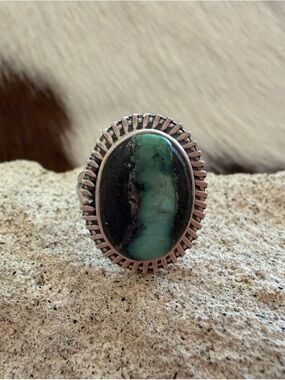 ❤️ Black Jack Turquoise Sterling 925 Unique Oval Stone ADJ Navajo Style Ring